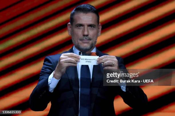 Andres Palop, Former Player draws out the card of AS Monaco during the UEFA Europa League 2021/22 Group Stage Draw on August 27, 2021 in Istanbul,...