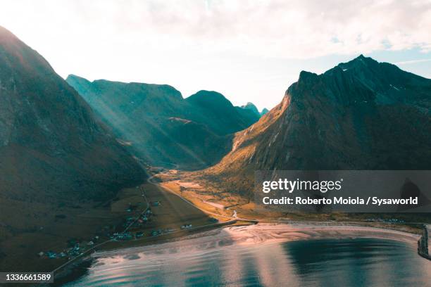 sunset over the arctic fjord, senja, norway - norway summer stock pictures, royalty-free photos & images
