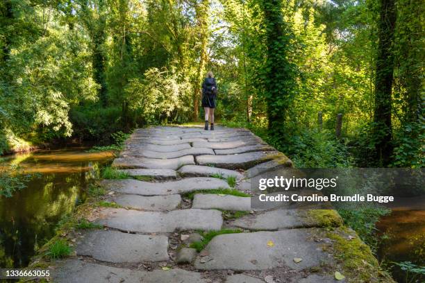 junge frau beim wandern auf dem camino, o porrino, pontevedra, spanien - santiago de compostela spain stock-fotos und bilder