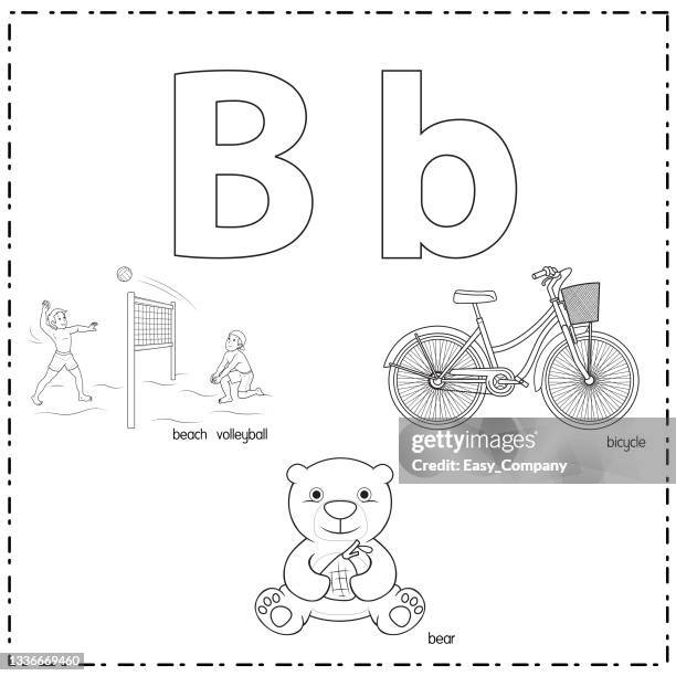 vector illustration for learning the letter b in both lowercase and uppercase for children with 3 cartoon images. beach volleyball bear bicycle. - bear white background stock illustrations