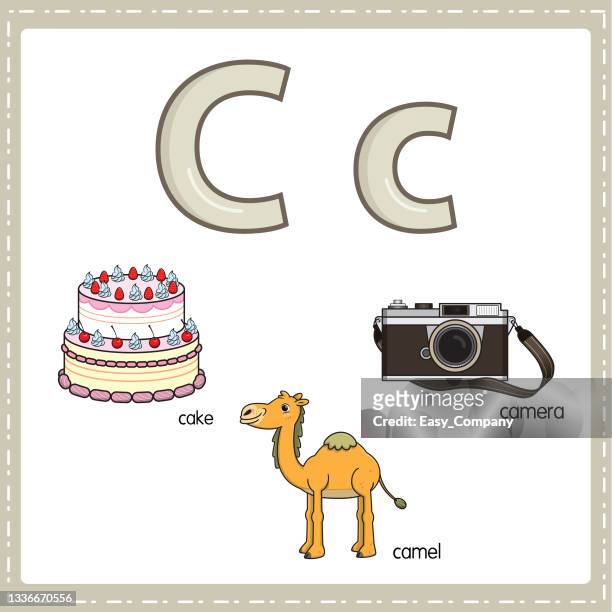 vector illustration for learning the letter c in both lowercase and uppercase for children with 3 cartoon images. cake camel camera. - hump stock illustrations
