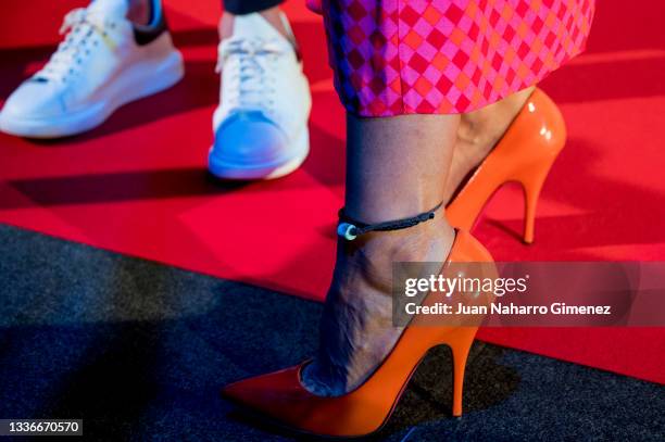 Detail of the shoes of Romina Belluscio during 'Kazoom Kids' photocall at Espacio 5.1 on August 27, 2021 in Madrid, Spain.