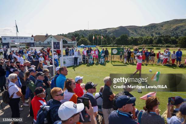 Lauren Walsh of Team Great Britain and Ireland plays their tee shot on the 1st hole during day two of The Curtis Cup at Conwy Golf Club on August 27,...