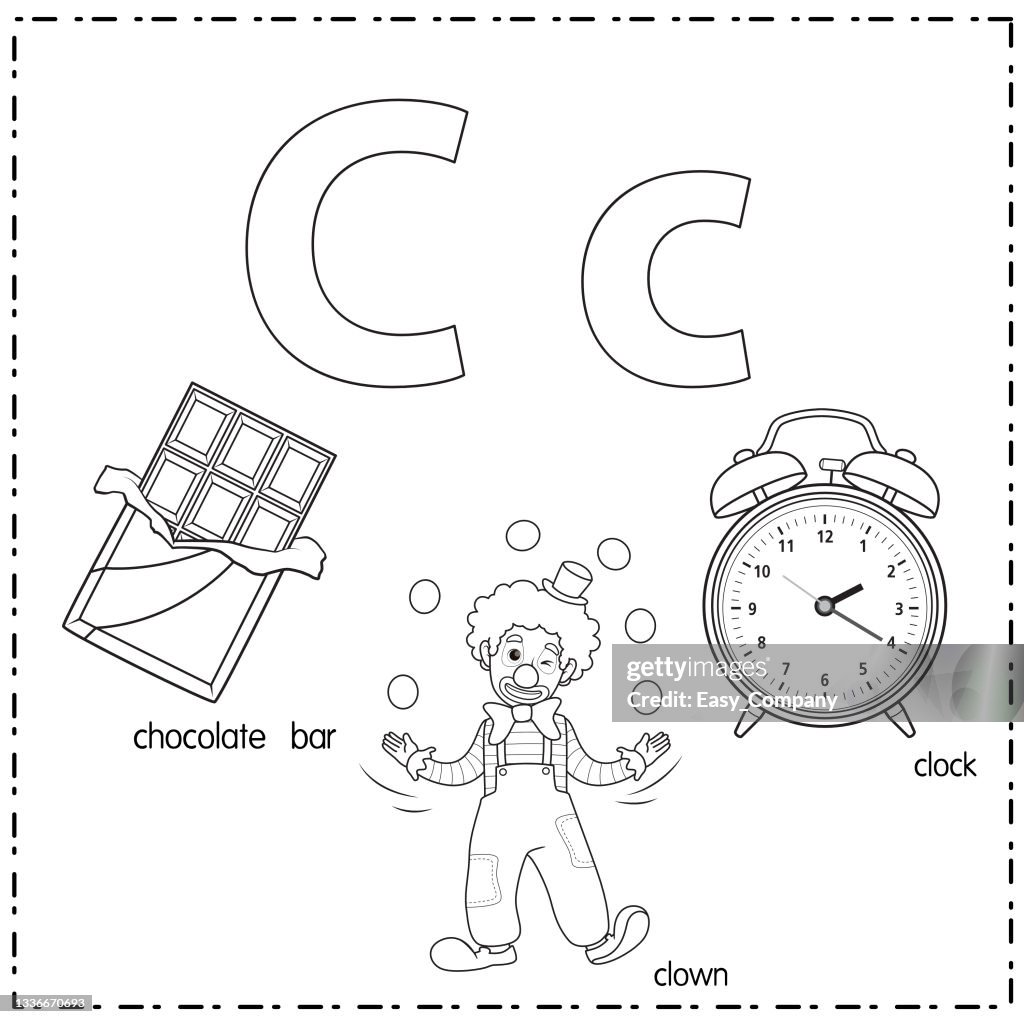 Vector illustration for learning the letter C in both lowercase and uppercase for children with 3 cartoon images. Chocolate Clown Clock.