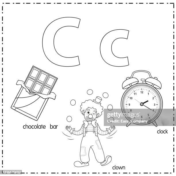 vector illustration for learning the letter c in both lowercase and uppercase for children with 3 cartoon images. chocolate clown clock. - kid drinking chocolate milk stock illustrations