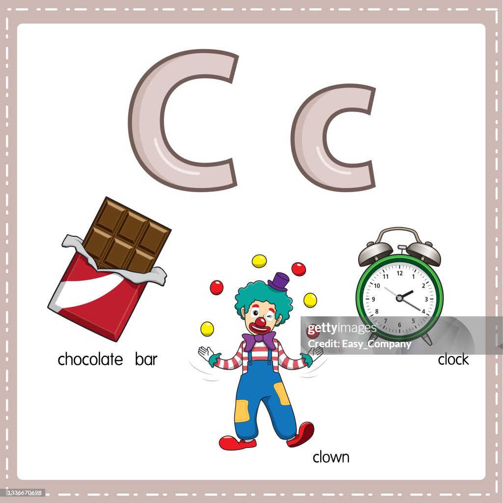 Vector illustration for learning the letter C in both lowercase and uppercase for children with 3 cartoon images. Chocolate Clown Clock.