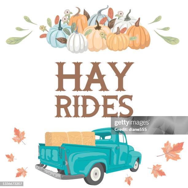 herbst ernte heu fährt pickup truck - heuwagenfahrt stock-grafiken, -clipart, -cartoons und -symbole