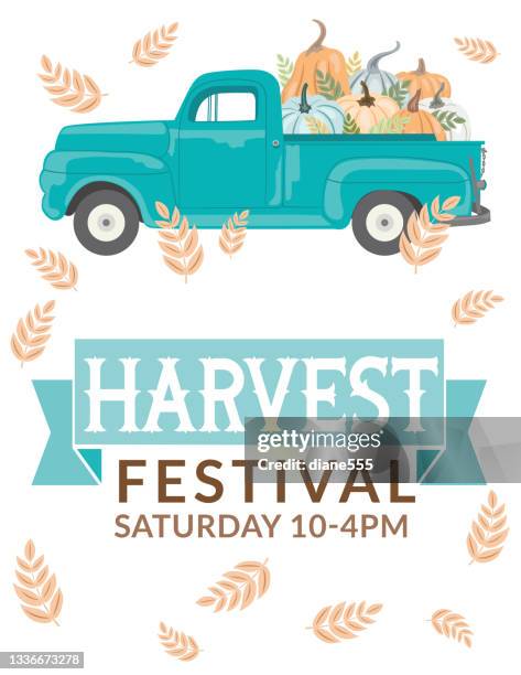 antique truck with pumpkins and harvest festival sign - old and pickup truck clip art stock illustrations