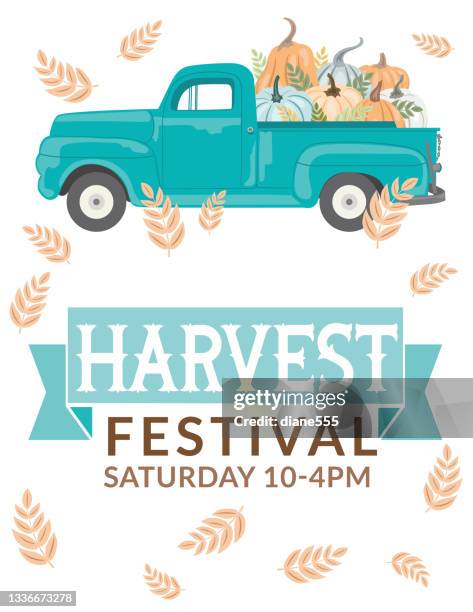 antique truck with pumpkins and harvest festival sign - old truck stock illustrations