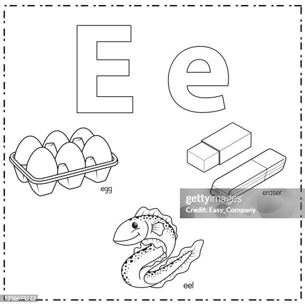 vector illustration for learning the letter e in both lowercase and uppercase for children with 3 cartoon images. elephant envelope eight. - giant eel stock illustrations