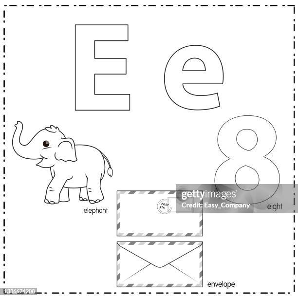 vector illustration for learning the letter e in both lowercase and uppercase for children with 3 cartoon images. elephant envelope eight. - white envelope stock illustrations
