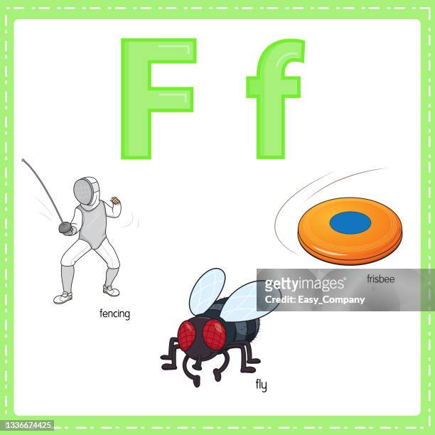 vektorillustration zum erlernen des buchstabens f in klein- und großbuchstaben für kinder mit 3 cartoon-bildern. fechten fliegen frisbee. - kampfsport schwingen stock-grafiken, -clipart, -cartoons und -symbole