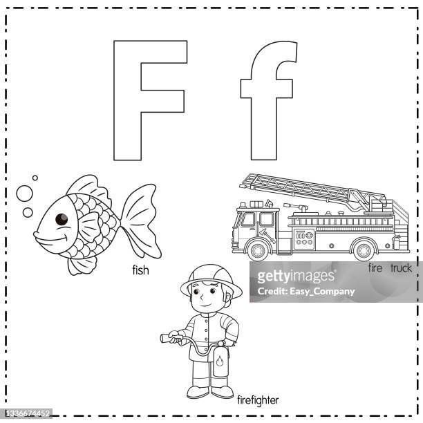 vector illustration for learning the letter f in both lowercase and uppercase for children with 3 cartoon images. fish firefighter fire truck. - flash card stock illustrations