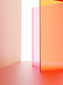 3D Rendering Studio Shot Vibrant or Neon Pink and Orange Transparent Acrylic Board Overlapping Background for Fashion, Cosmetics and Trendy Products.