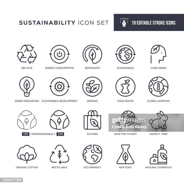 ilustrações de stock, clip art, desenhos animados e ícones de sustainability editable stroke line icons - sustainability