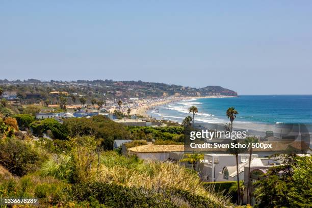 high angle view of townscape by sea against clear sky,malibu,california,united states,usa - malibu stock pictures, royalty-free photos & images