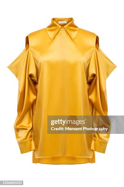 women's fashionable yellow shirt isolated in white background, invisible mannequin - yellow jacket stockfoto's en -beelden