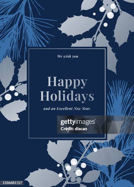 weihnachtskarte mit immergrünen silhouetten. - mistletoe stock-grafiken, -clipart, -cartoons und -symbole