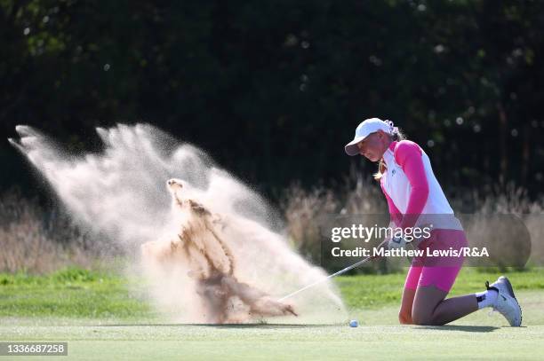 Louise Duncan of Team Great Britain and Ireland plays from a bunker on the 8th hole during day two of The Curtis Cup at Conwy Golf Club on August 27,...