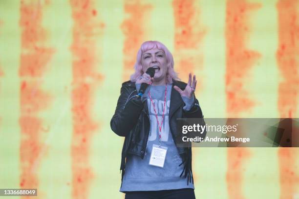 Sunta Templeton of Radio X introduces KSI on the main stage during Leeds Festival 2021 at Bramham Park on August 27, 2021 in Leeds, England.