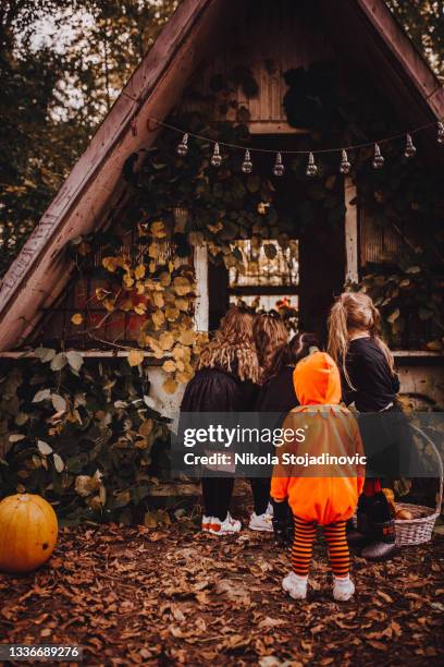 playing at halloween in the forest - halloween covid stock pictures, royalty-free photos & images