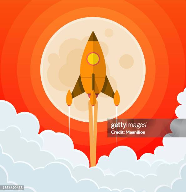 orange yellow rocket flies start up concept, rocket takes off against the background of the moon vector - foundation launching event stock illustrations