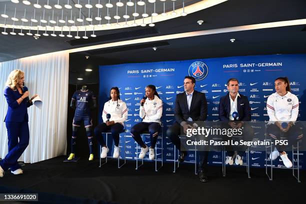 Ashley Lawrence, Grace Geyoro, Ulrich Ramé, Didier Ollé-Nicolle and Sakina Karchaoui attend a news conference at Parc des Princes on August 27, 2021...