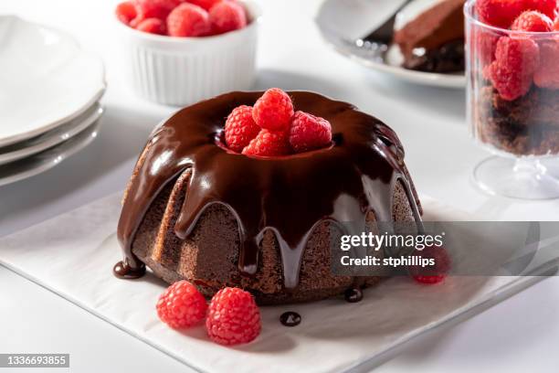 chocolate bundt cake with chocolate ganache - tulbandcake stockfoto's en -beelden