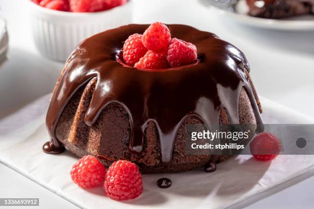 pastel de chocolate bundt con ganache de chocolate - pastel bundt fotografías e imágenes de stock