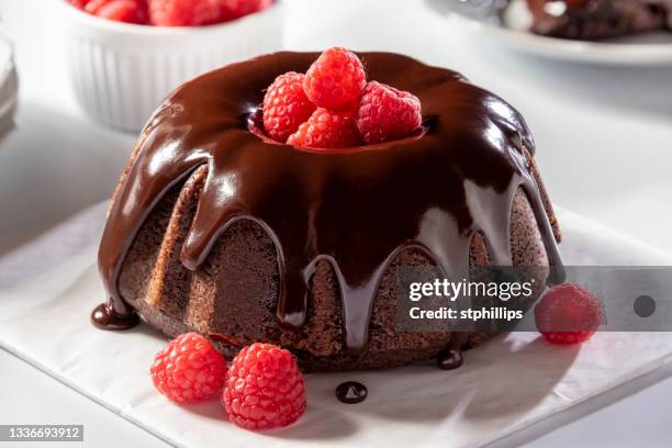 chocolate bundt cake with chocolate ganache - tulbandcake stockfoto's en -beelden