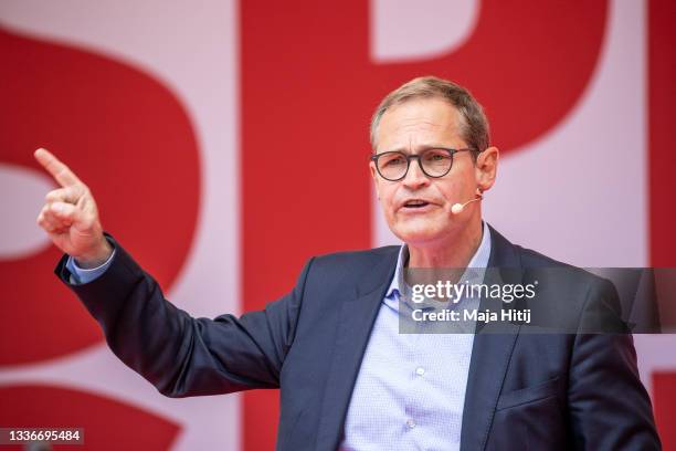 Berlin's mayor Michael Mueller of the German Social Democrats party, speaks at an election campaign rally on August 27, 2021 in Berlin, Germany....