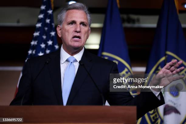 House Minority Leader Kevin McCarthy gestures as he speaks at a press conference at the Capitol building on August 27, 2021 in Washington, DC. Leader...