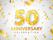 Anniversary 50 year card. Birthday glitter number decor. Golden confetti ribbon banner. Luxury gold background. Celebration poster. Invitation booklet. Premium design element. Vector illustration