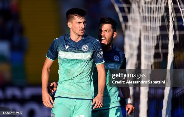 Ignacio Pussetto of Udinese Calcio celebrates after scoring the opening goal during the Serie A match between Udinese Calcio and Venezia FC at Dacia...