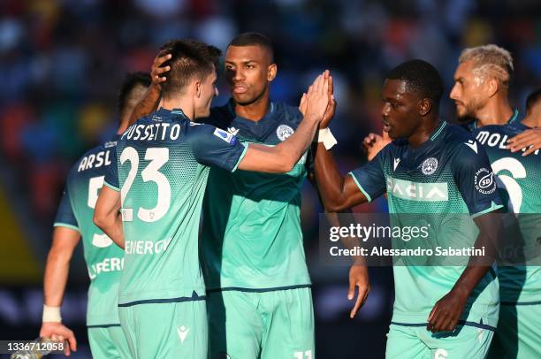 Ignacio Pussetto of Udinese Calcio celebrates after scoring the opening goal during the Serie A match between Udinese Calcio and Venezia FC at Dacia...