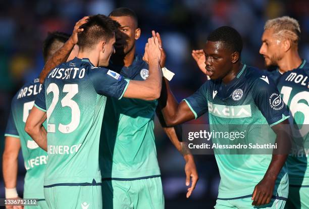 Ignacio Pussetto of Udinese Calcio celebrates after scoring the opening goal during the Serie A match between Udinese Calcio and Venezia FC at Dacia...