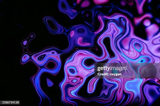 abstract morphing fluid purple blue waved shapes. abstract colorful liquid background - oil flow stockfoto's en -beelden