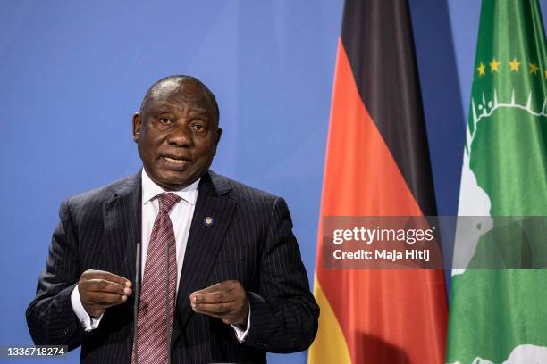 Cyril Ramaphosa, President of the South African Republic spreaks at a press conference after the G20 Compact with Africa conference at the...