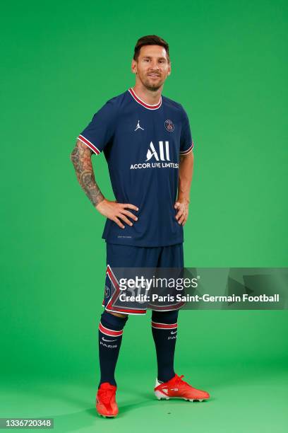 Lionel Messi of Paris Saint-Germain poses for a photo on August 11, 2021 in Paris, France.