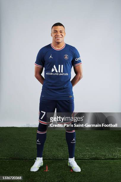 Kylian Mbappe of Paris Saint-Germain poses for a photo on August 11, 2021 in Paris, France.