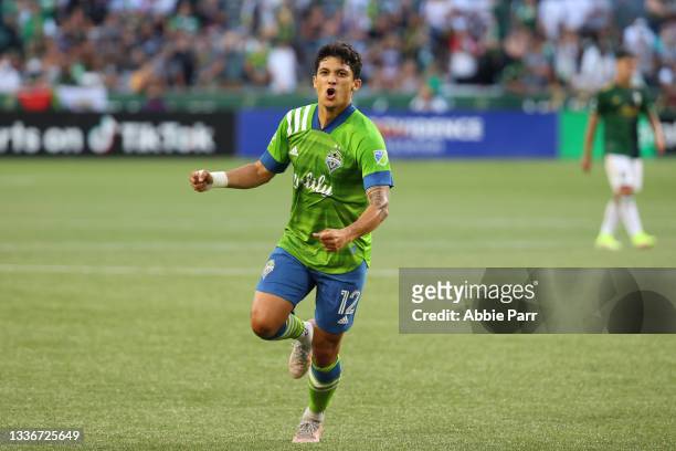 Fredy Montero of Seattle Sounders celebrates after scoring his second goal to add to the 2-0 lead against the Portland Timbers in the first half at...