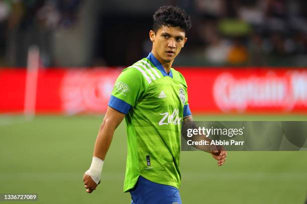 Fredy Montero of Seattle Sounders reacts against the Portland Timbers in the second half at Providence Park on August 15, 2021 in Portland, Oregon.