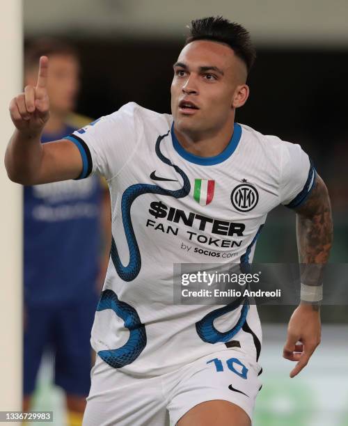 Lautaro Martinez of FC Internazionale celebrates his goal during the Serie A match between Hellas Verona and FC Internazionale at Stadio Marcantonio...