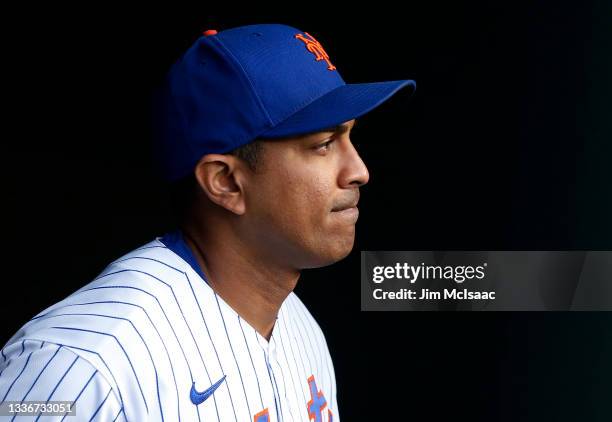 Manager Luis Rojas of the New York Mets looks on before a game against the San Francisco Giants at Citi Field on August 26, 2021 in New York City....