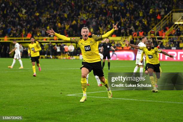 Erling Haaland of Borussia Dortmund celebrates after scoring their side's third goal during the Bundesliga match between Borussia Dortmund and TSG...