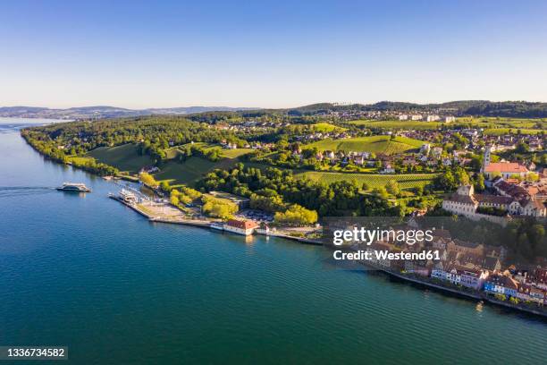 germany, baden-wurttemberg, meersburg, aerial view of town on shore of lake constance - meersburg stock pictures, royalty-free photos & images