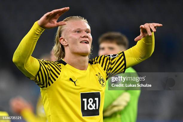 Erling Haaland of Borussia Dortmund celebrates their side's victory after the Bundesliga match between Borussia Dortmund and TSG Hoffenheim at Signal...