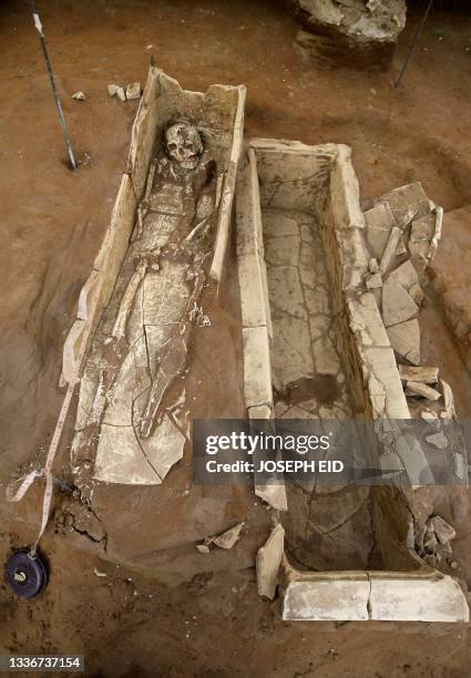 Skeleton dating back to the Roman era is found in a tomb at an archaeological excavation site in Beirut's Ashrafieh neighbourhood on September 7,...