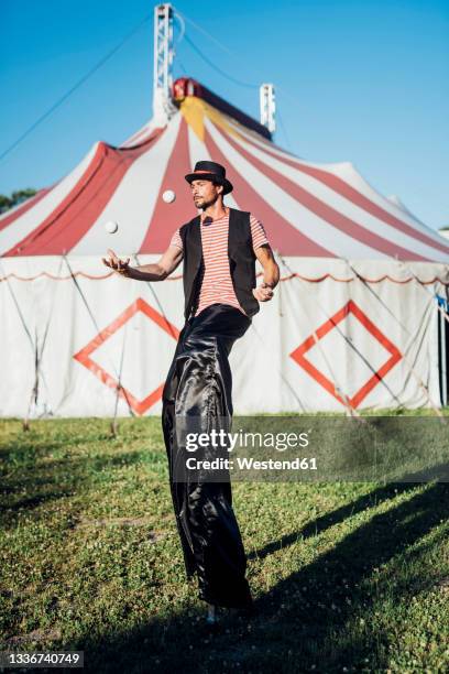 male circus performer juggling balls while standing with stilts on meadow - styltor bildbanksfoton och bilder