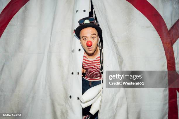 male clown with hat and juggling pin peeking through circus tent entrance - clown stock pictures, royalty-free photos & images